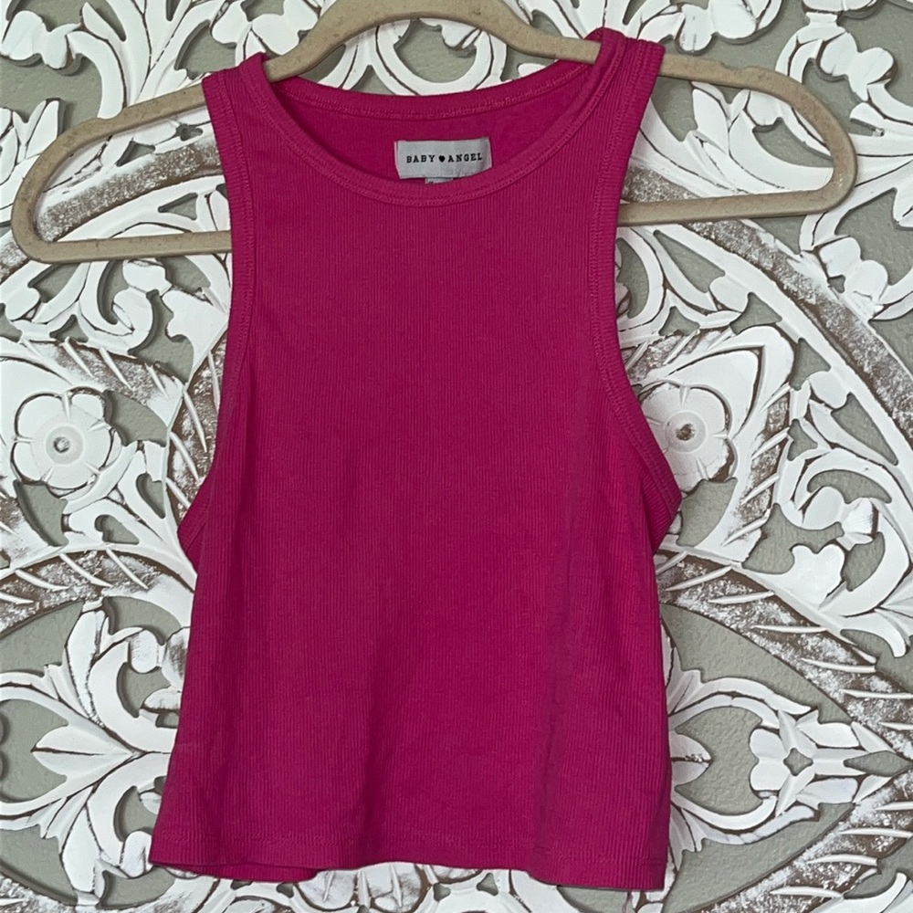 Baby Angel Bright Pink Fitted High Neckline Cropped Tank Top sz M EUC